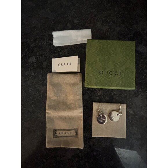 Gucci Italy Sterling Silver Dangle Drop Earrings Embossed Logo Round w Box Pouch - Picture 15 of 16
